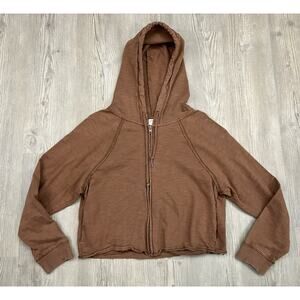PINK Victoria’s Secret Full Zip Cropped Hoodie Brown Raw Edge Hem Women’s Size M
